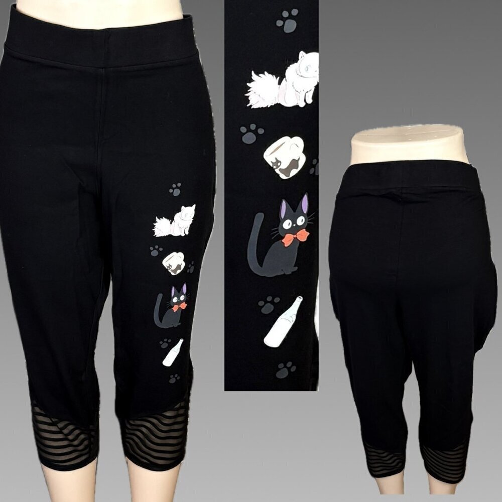 Her Universe +6 Black High Waist Anime Kiki's Cat Jiji Graphic Sheer Mesh Pants
